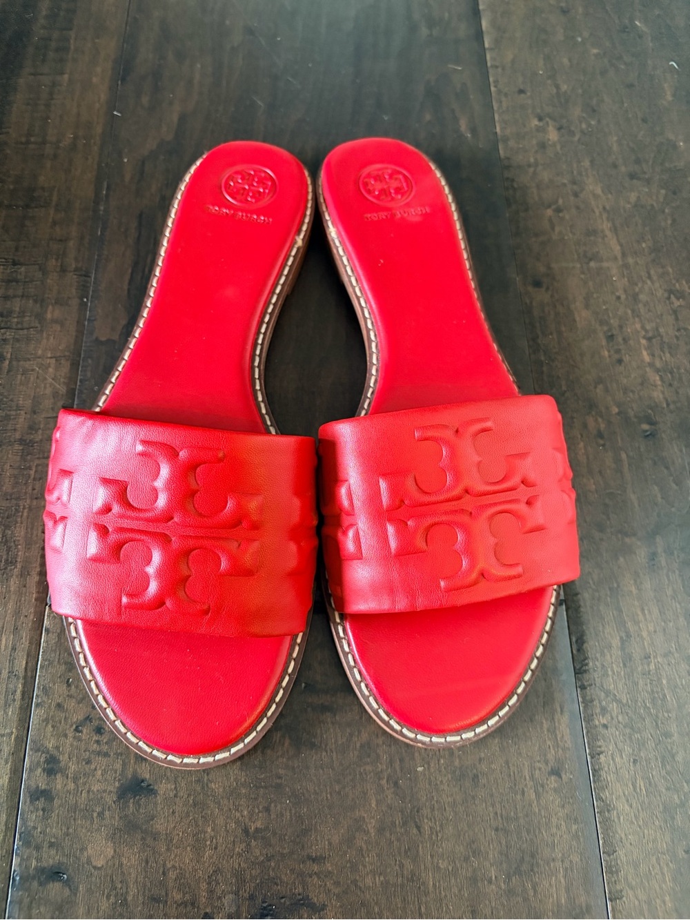 Tory Burch Red Leather Logo Slide Sandals